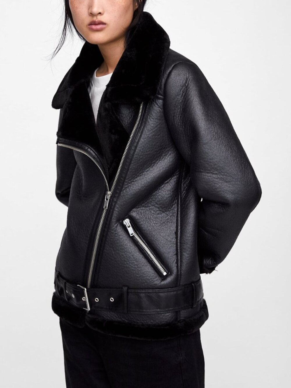 Zara Black Double-Faced Faux Shearling Biker Jacket - Picture 5 of 11